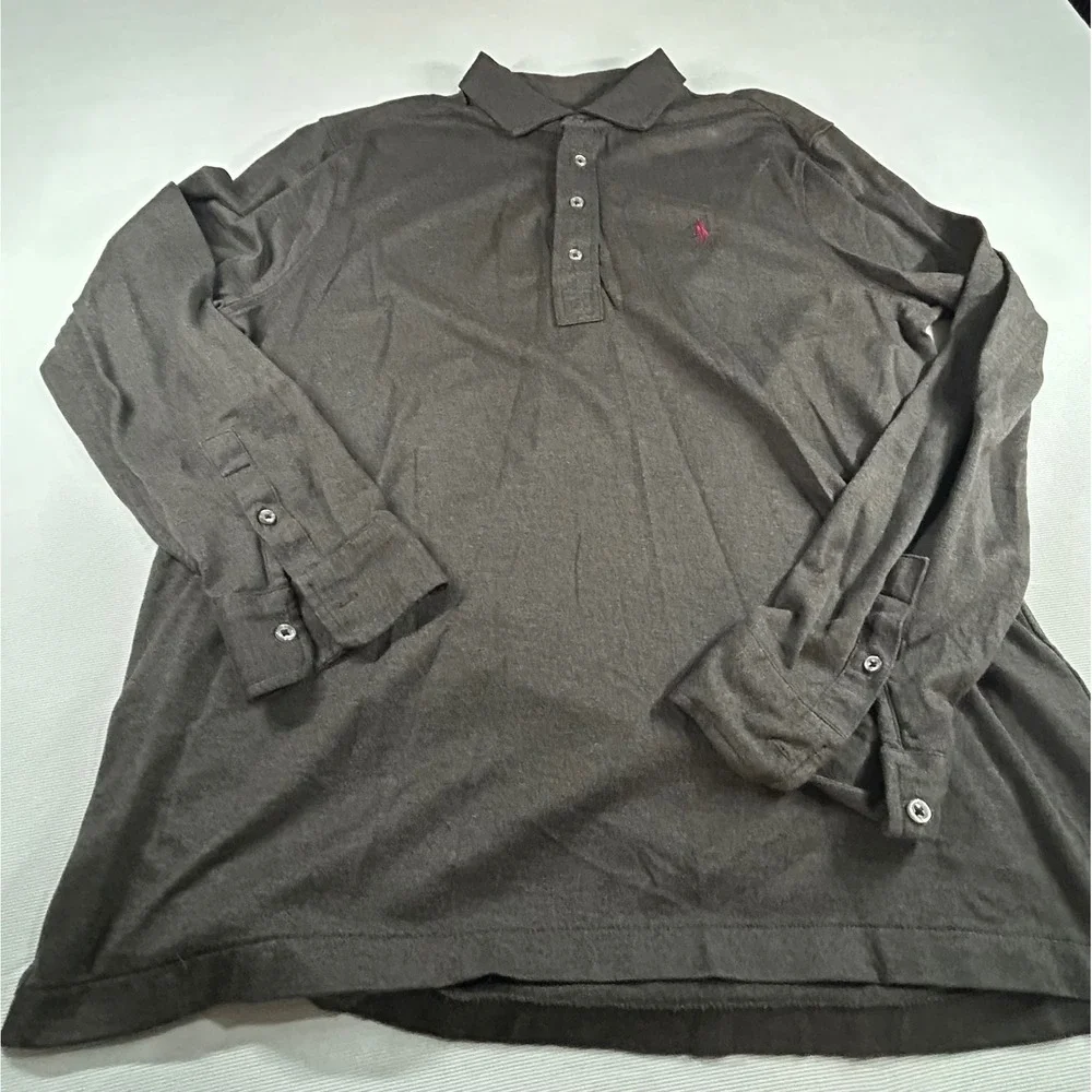 Polo Ralph Lauren Mens Long Sleeve Polo Shirt Gray Cotton Red Pony Logo Size L